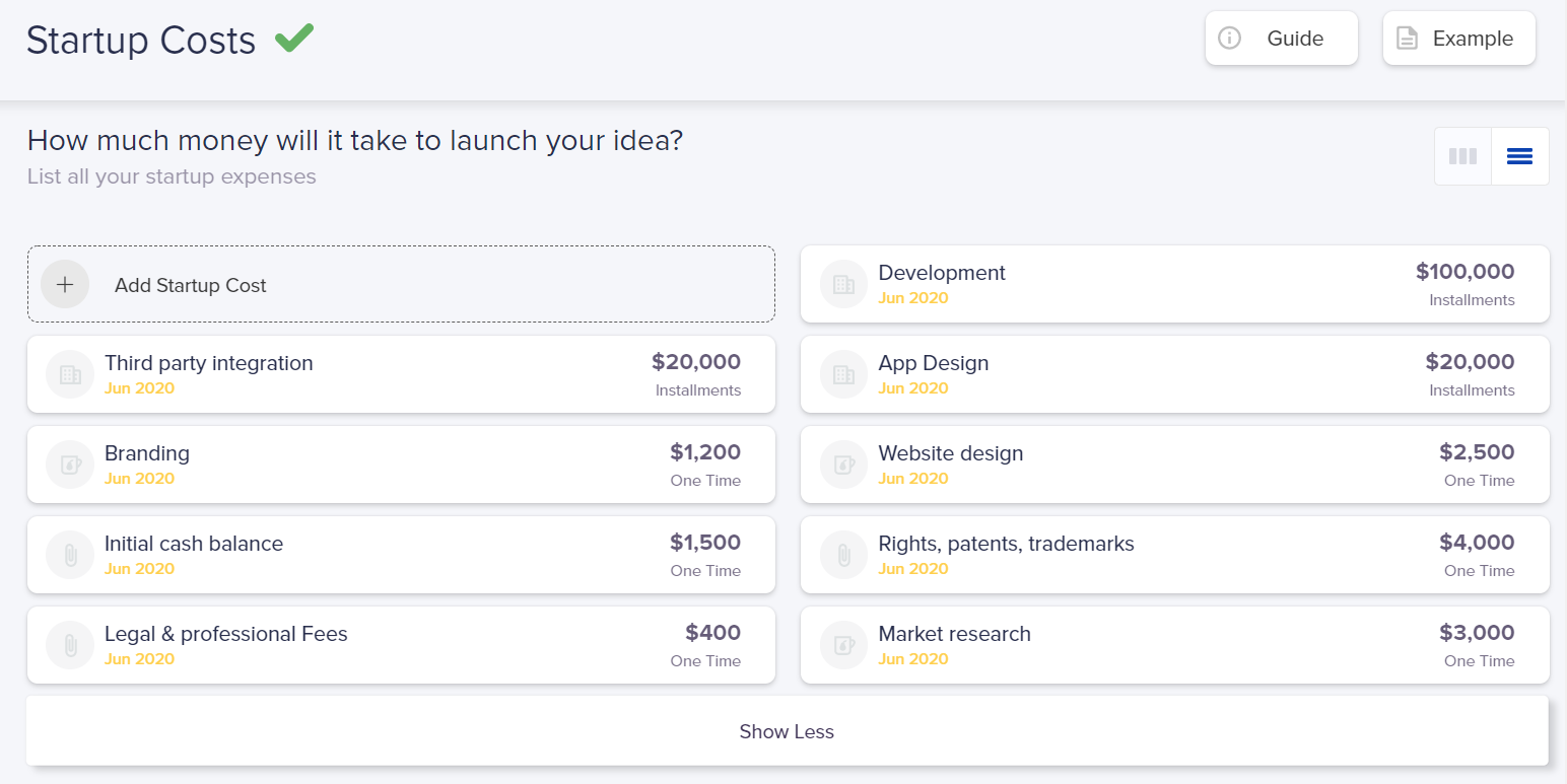 Startup costs - Snapshot from IdeaBuddy