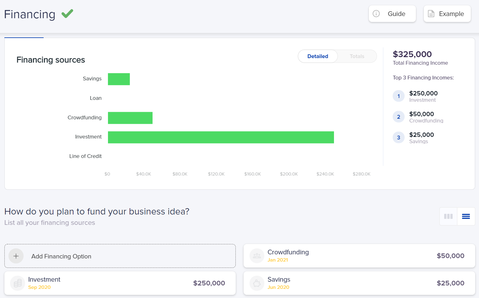 Financing options - Snapshot from IdeaBuddy