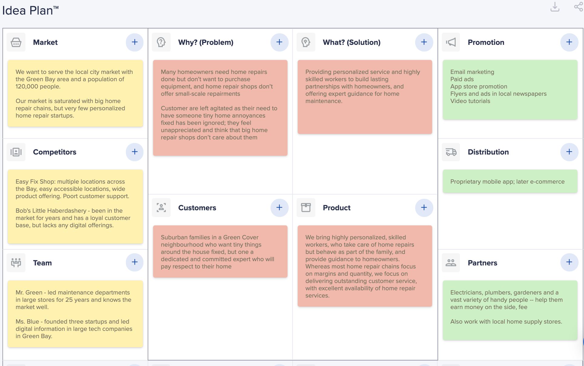 Focusing on the market, competitors, and team in the Idea Plan canvas