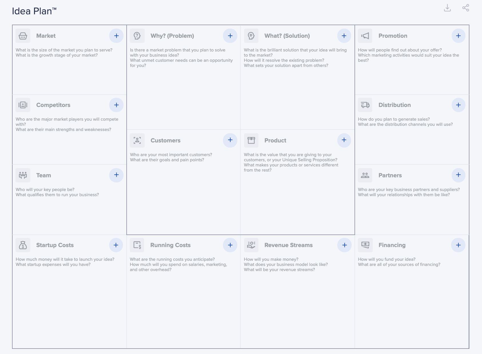 Idea Plan might remind you of the business model canvas