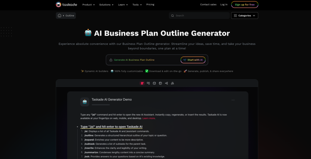 Taskade AI Business Plan Outline Generator